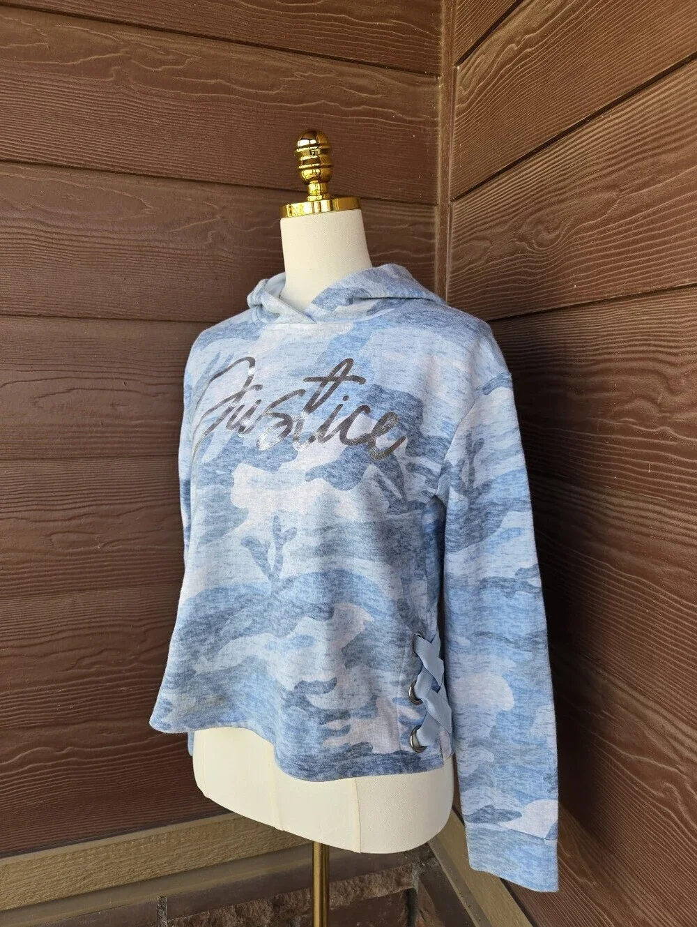 Justice Girls Blue Camo Cropped Hooded Sweatshirt with Silver Foil Chest Logo